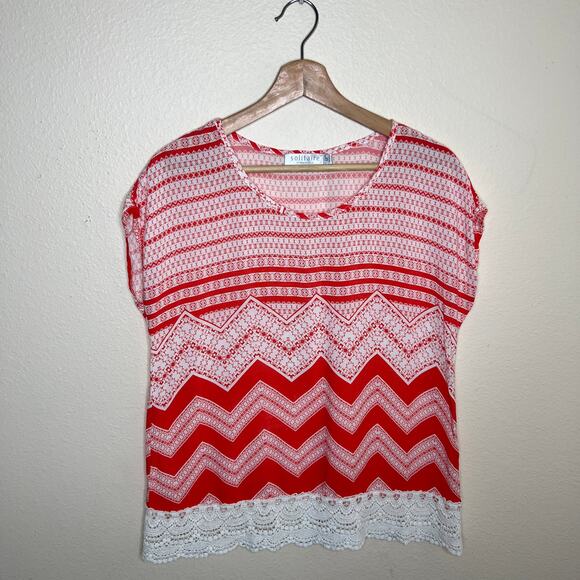 Solitaire Red White Short Sleeve Blouse Medium - Picture 1 of 9